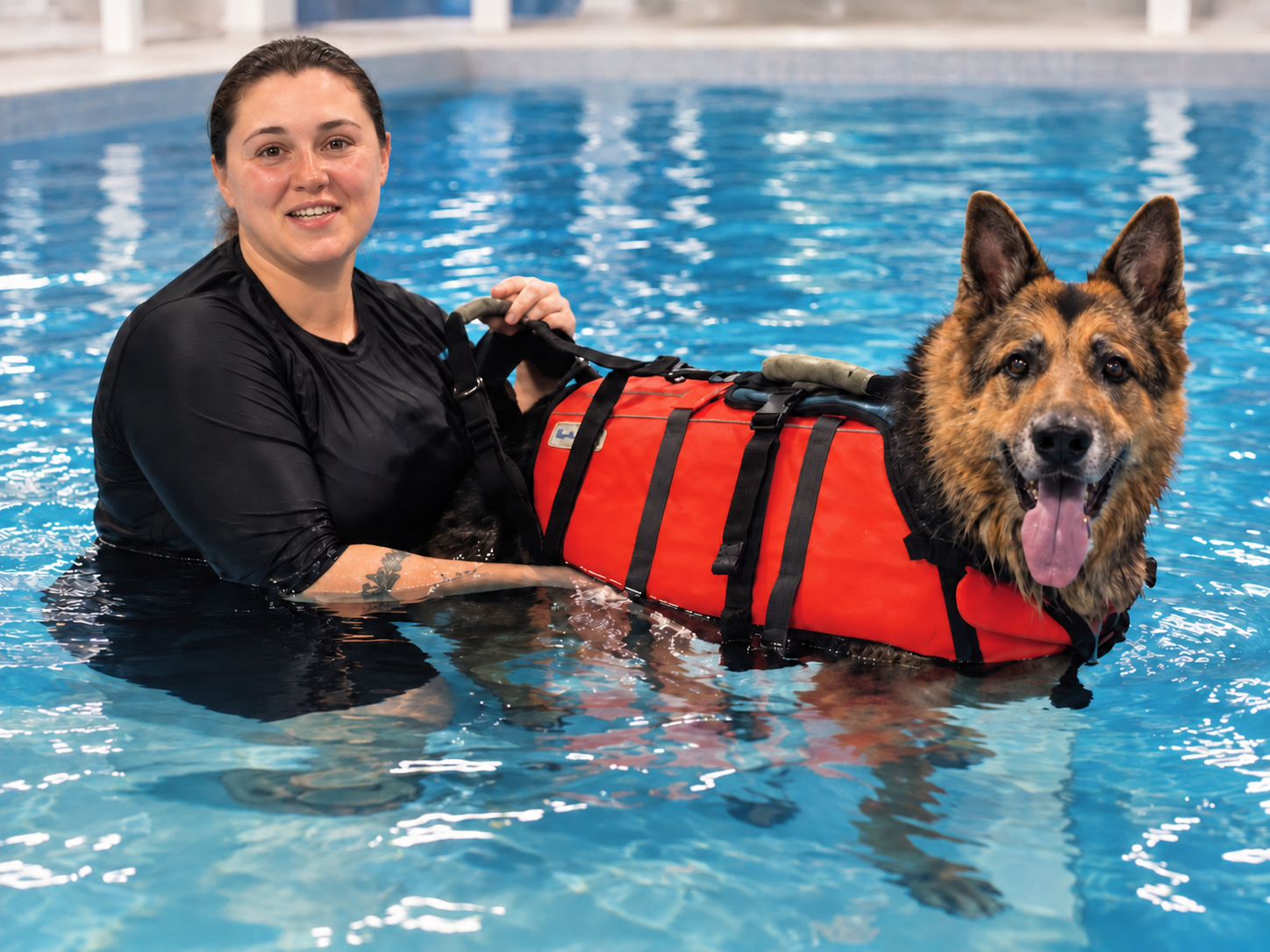 Faith supporting a German Shepherd during a guided pool session at the Indoor Dog Pool