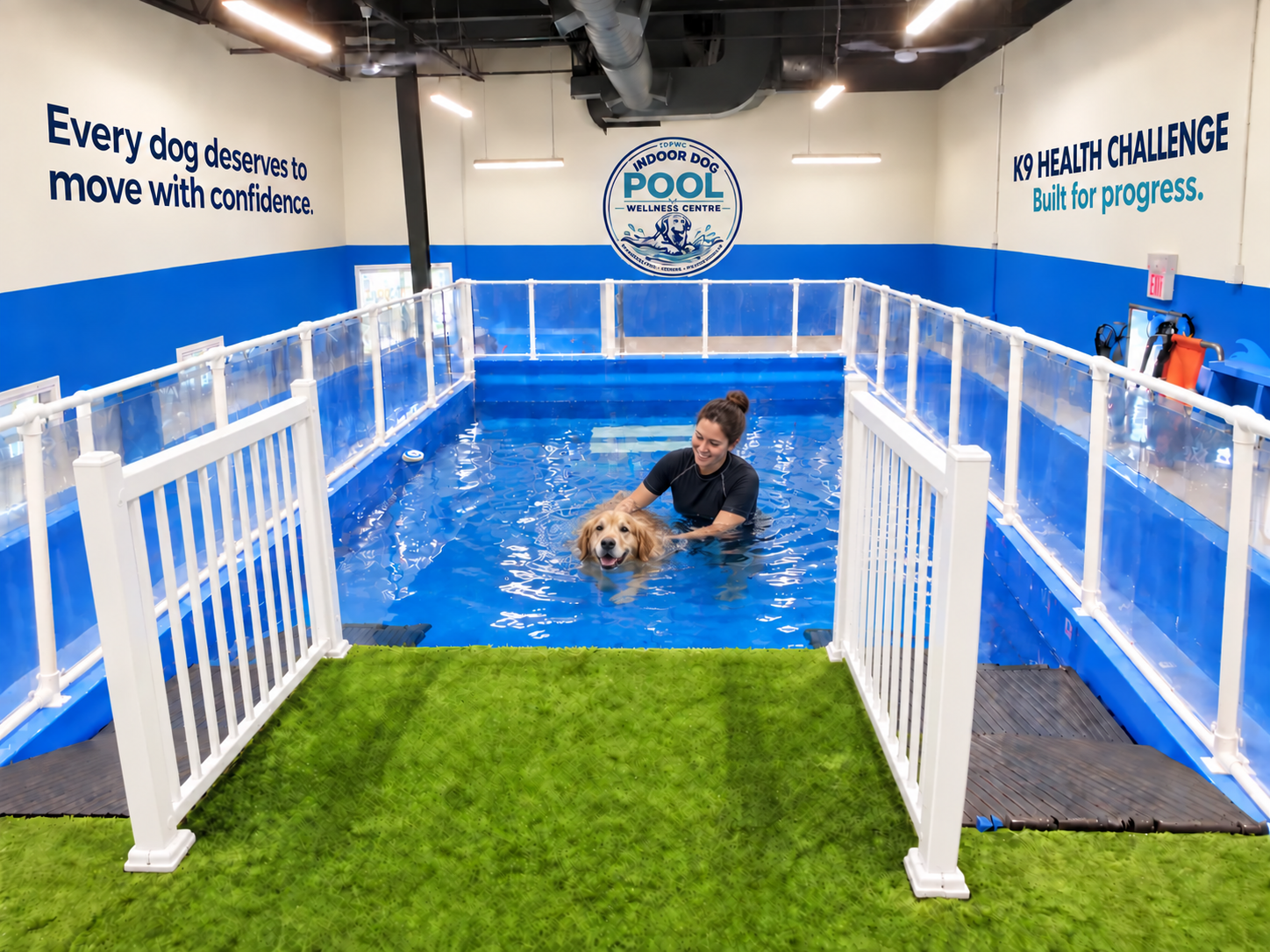 Proposed 14 by 28 foot IDPWC pool with clear gradual side-entry ramps, a low-profile in-water support island, white safety rails, green turf, and clear painted wall murals reading Every dog deserves to move with confidence and K9 Health Challenge.