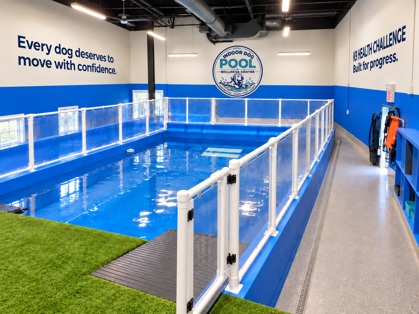 Proposed renovation concept showing the same IDPWC pool room with white-framed clear panels, painted K9 Health Challenge signage, the existing simple ramp and organized equipment