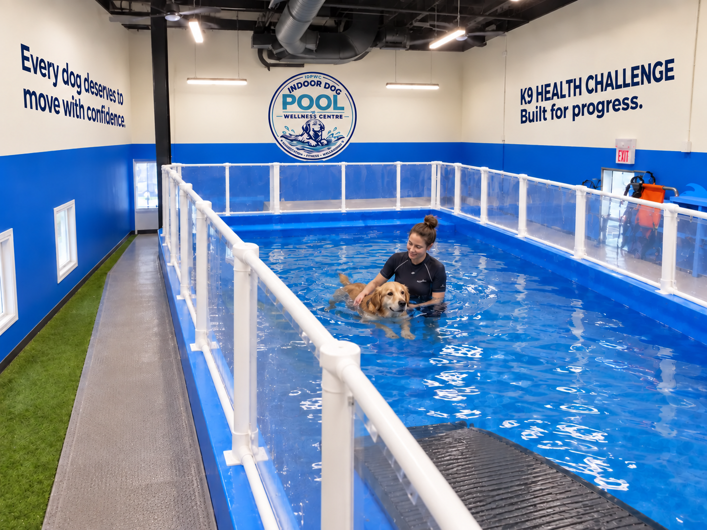 Proposed renovation concept showing the IDPWC pool room from the side, with white-framed clear panels, painted K9 Health Challenge signage and a hydrotherapist safely supporting a dog
