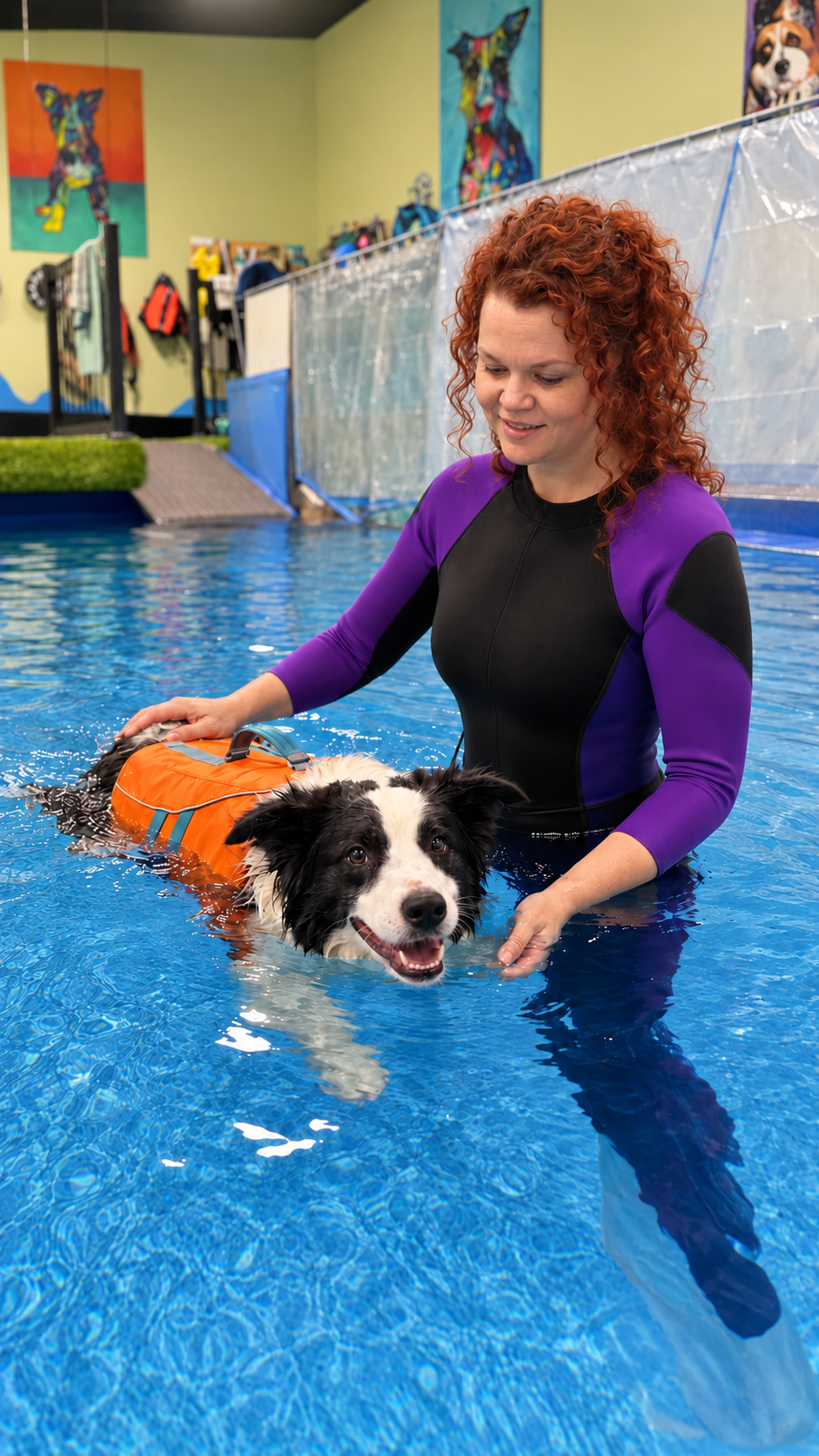 Owner Jenny supporting a Border Collie during a private swim at the Indoor Dog Pool