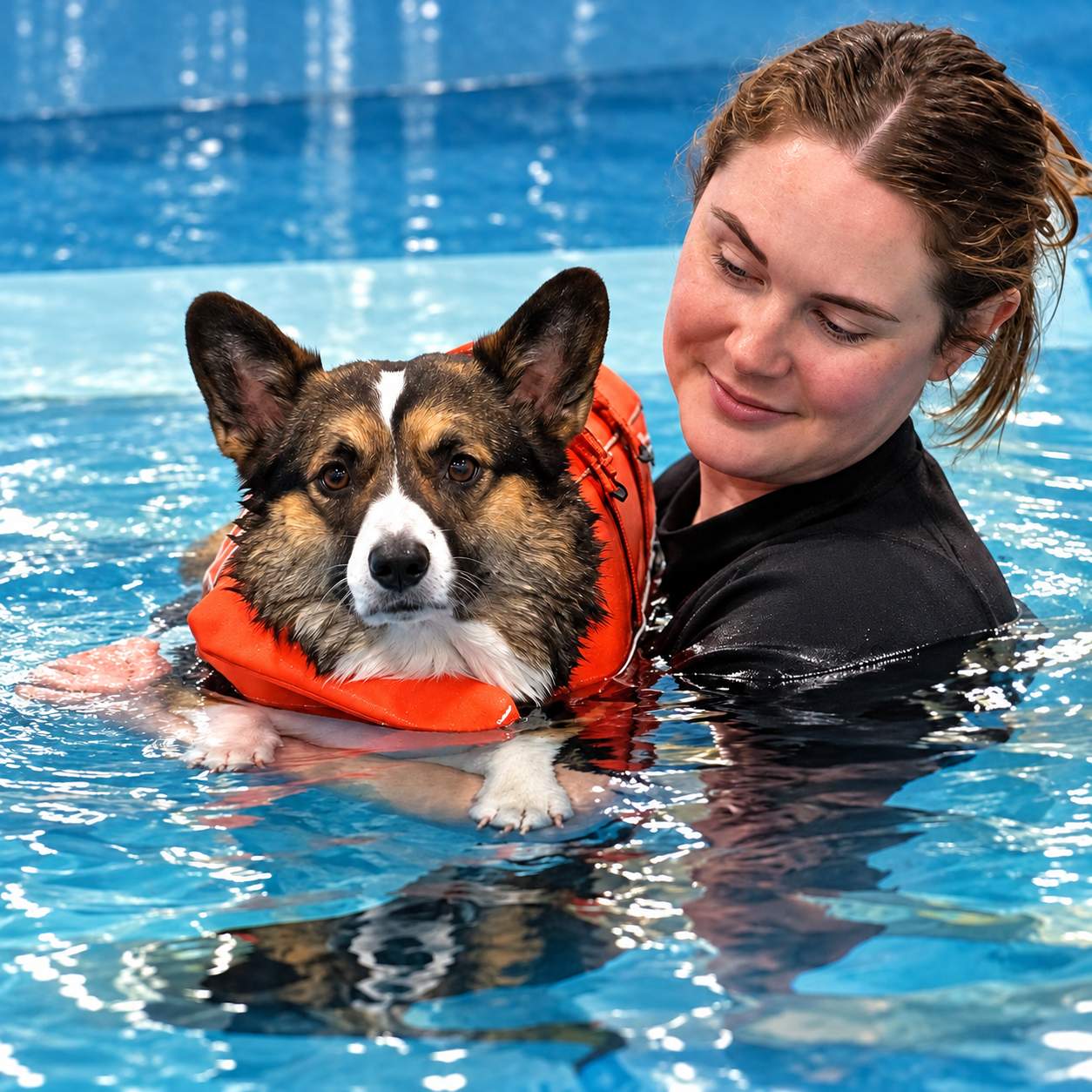 Lucy supporting a corgi during a calm guided pool session at the Indoor Dog Pool