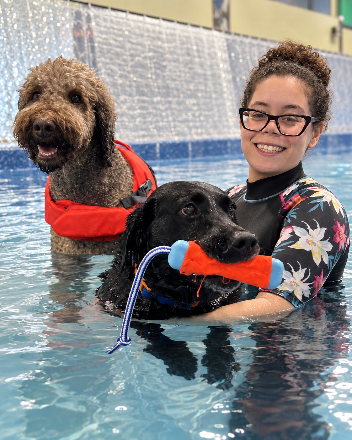 Tiya smiling in the Indoor Dog Pool with two dogs during a pool session